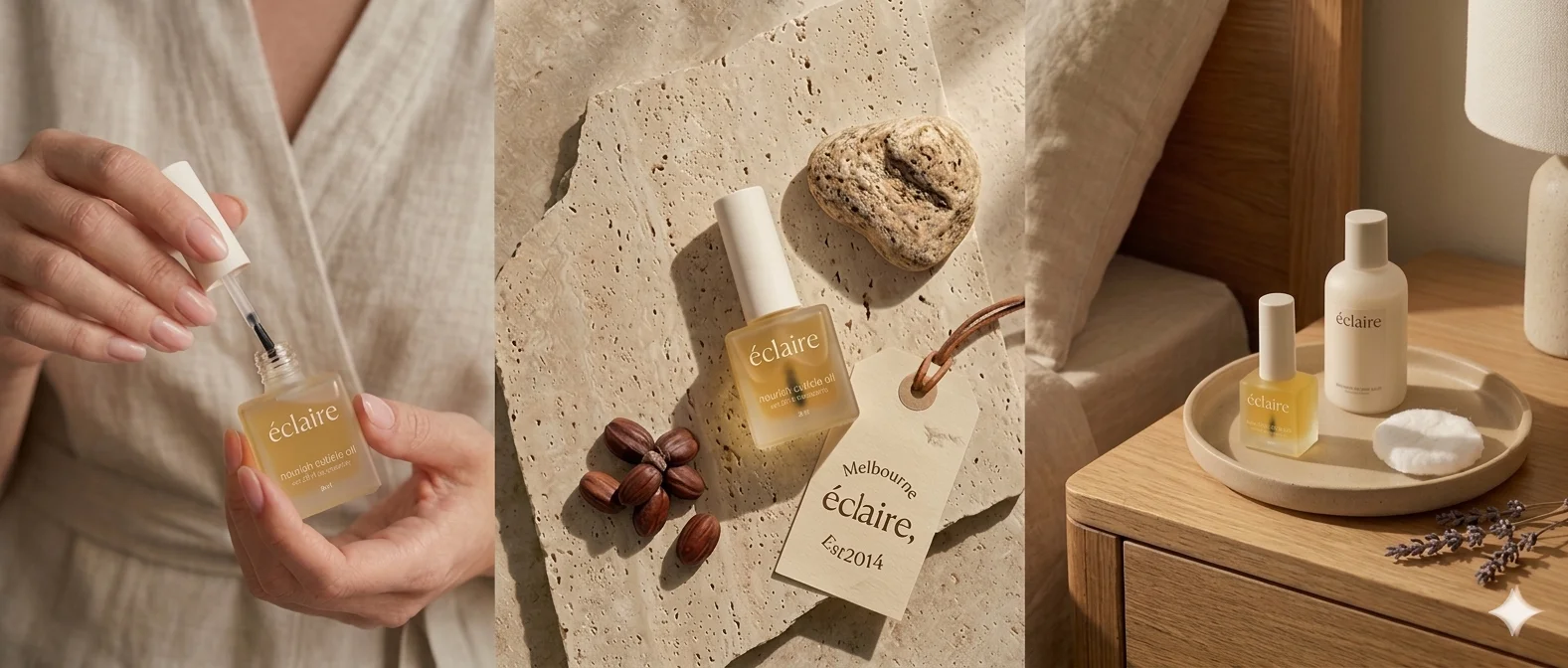éclaire signature cuticle oil photographed on travertine